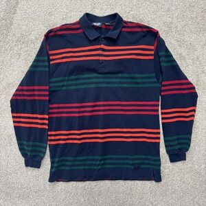Dockers Polo Shirt Mens Large L Navy Blue Striped Long Sleeve Cotton Knit 90s